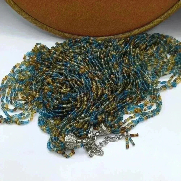 Blue, Brown & Gold Seed Bead Multi-Strand Necklace 26” + extender 25 strands euc - Picture 5 of 5